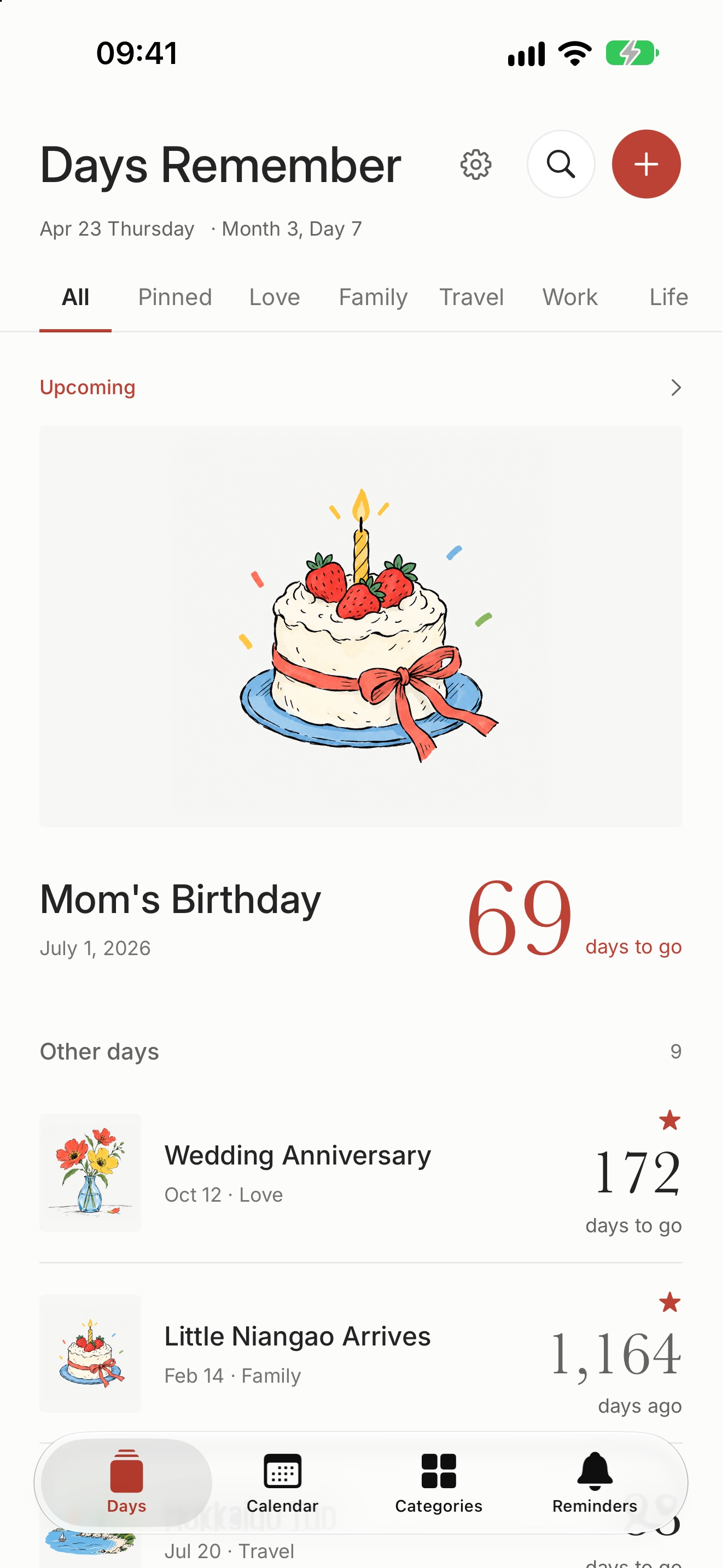 The Days Remember home screen: Mom’s Birthday is 69 days away, with other days listed below