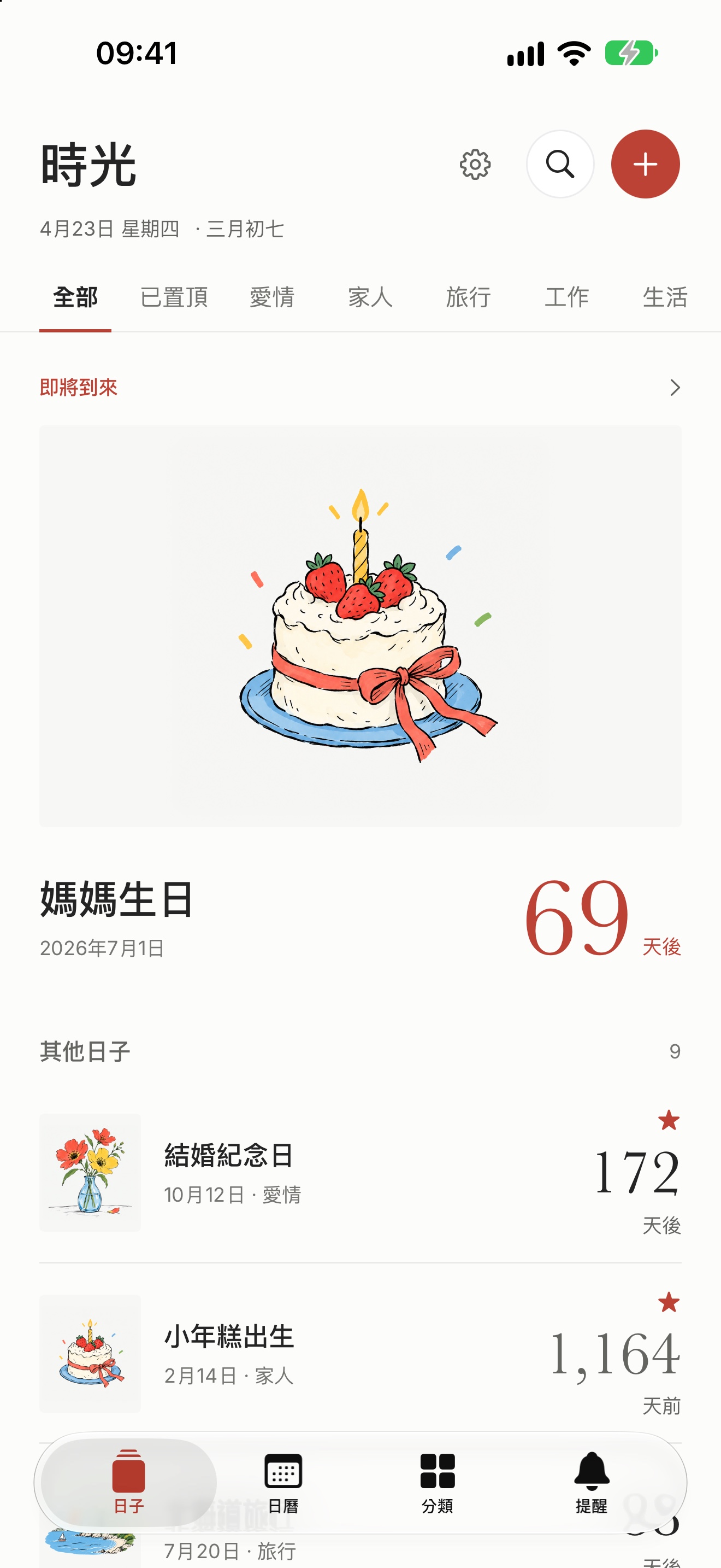 時光首頁：即將到來的媽媽生日還有 69 天，下面是其他日子